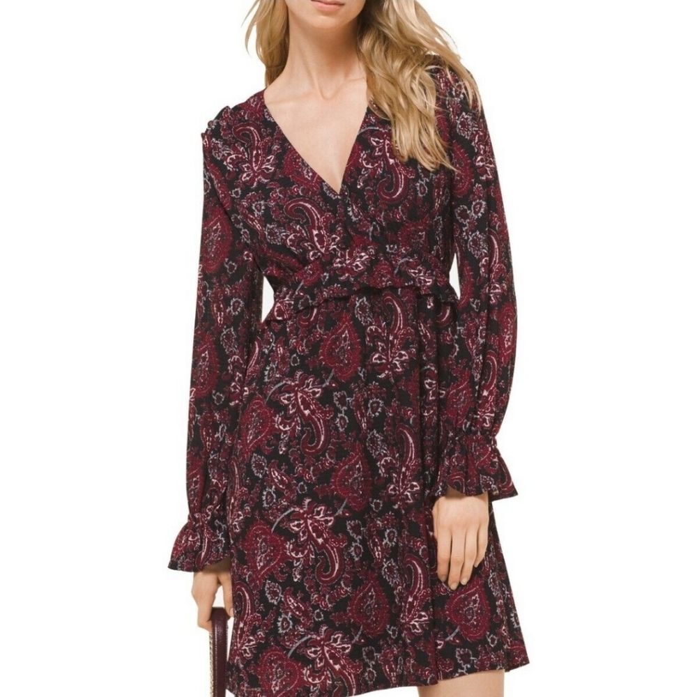 Michael Kors Burgundy Paisley Ruffle Wrap Style Long Sleeve Dress Women's PL